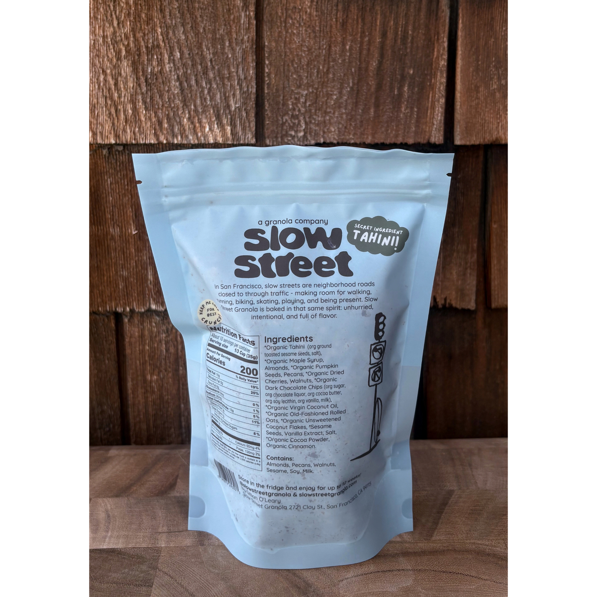 Slow Street Dark Chocolate and Cherry granola, 1 12 oz (340 g) bag, showing its back.
