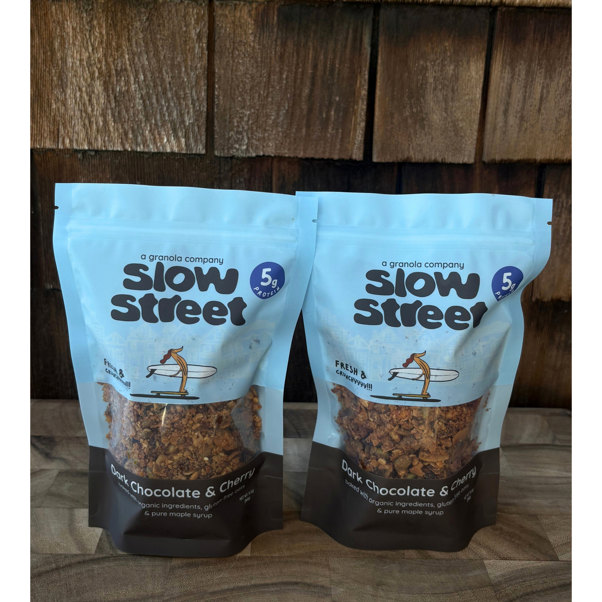 Slow Street Dark Chocolate and Cherry granola, 2 12 oz (340 g) bags, all facing front.