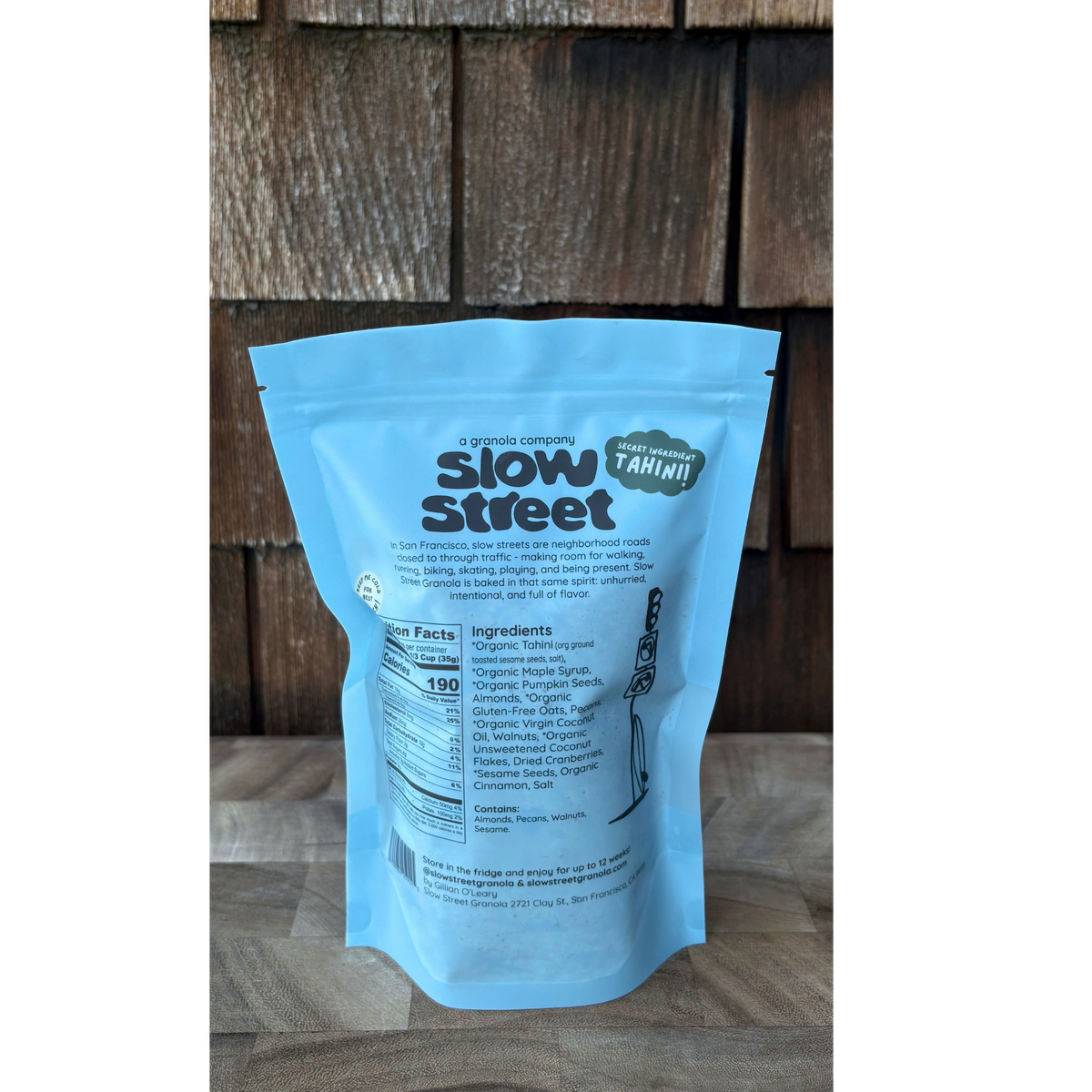 Slow Street Original granola, 1 12 oz (340 g) bag, showing back with 35 g serving nutrition panel.