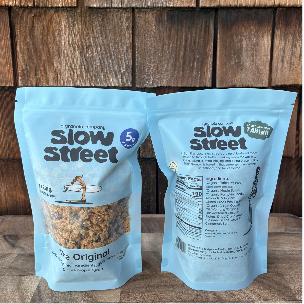 Slow Street Original granola, 2 12 oz (340 g) bags, one showing back with 35 g serving nutrition panel.