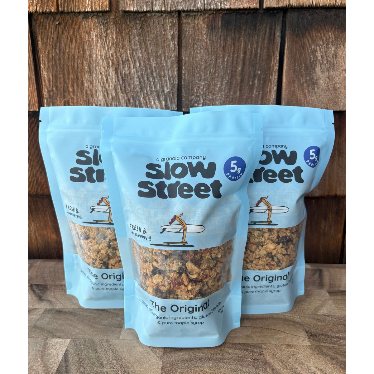 Slow Street Original granola, 3 12 oz (340 g) bags, all facing front.