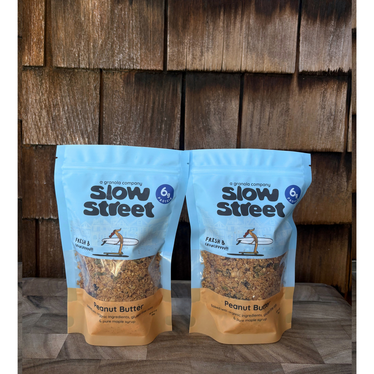 Slow Street peanut butter granola, 2 12 oz (340 g) bags, all facing front.